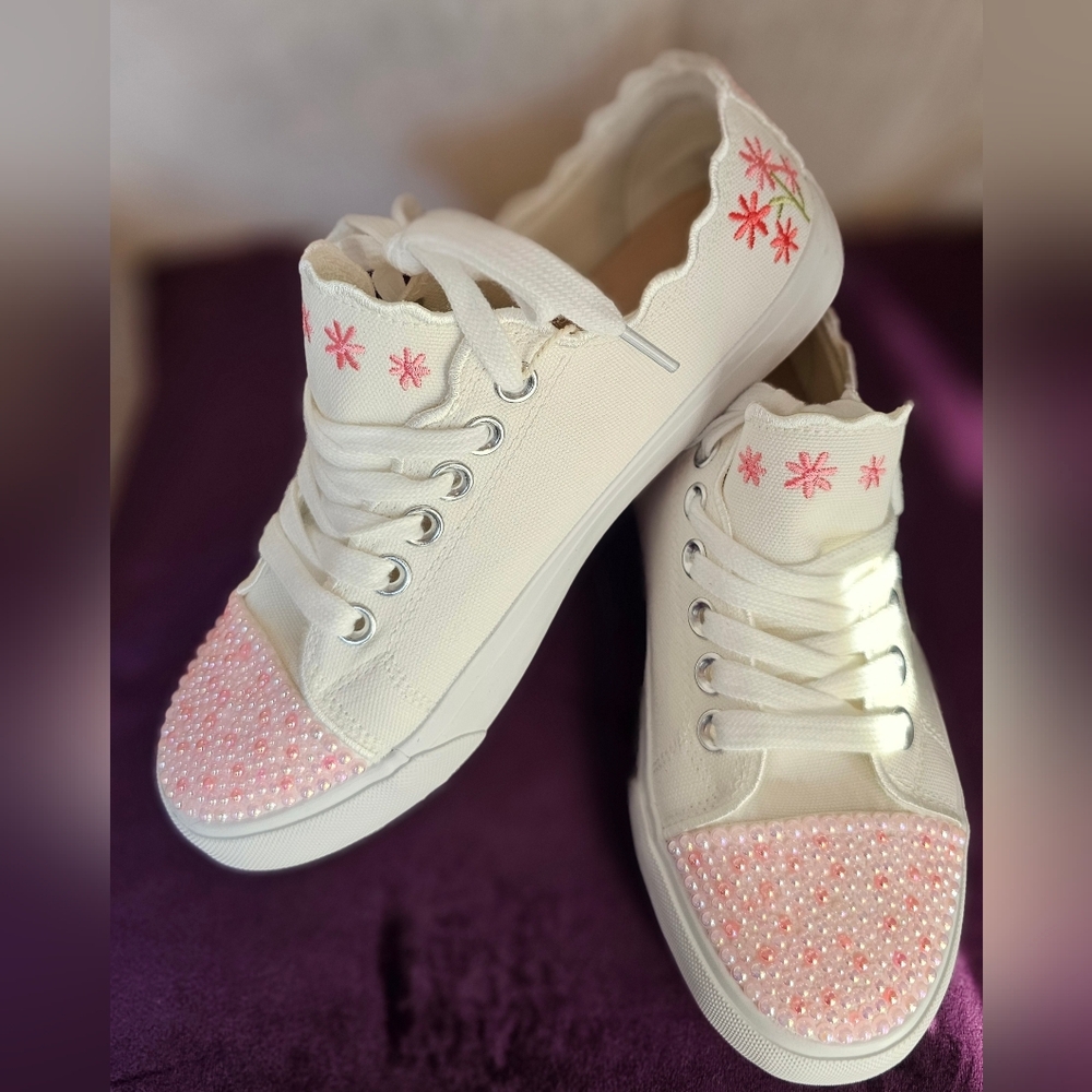 White Canvas Lace-Up Sneakers with Pink Pearl Toe and Embroidered Flowers